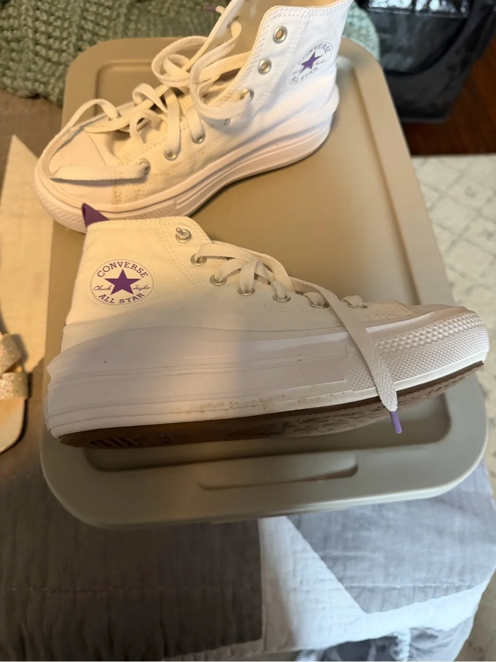 Converse Kids White High-Top Sneakers with Purple Pull Tabs